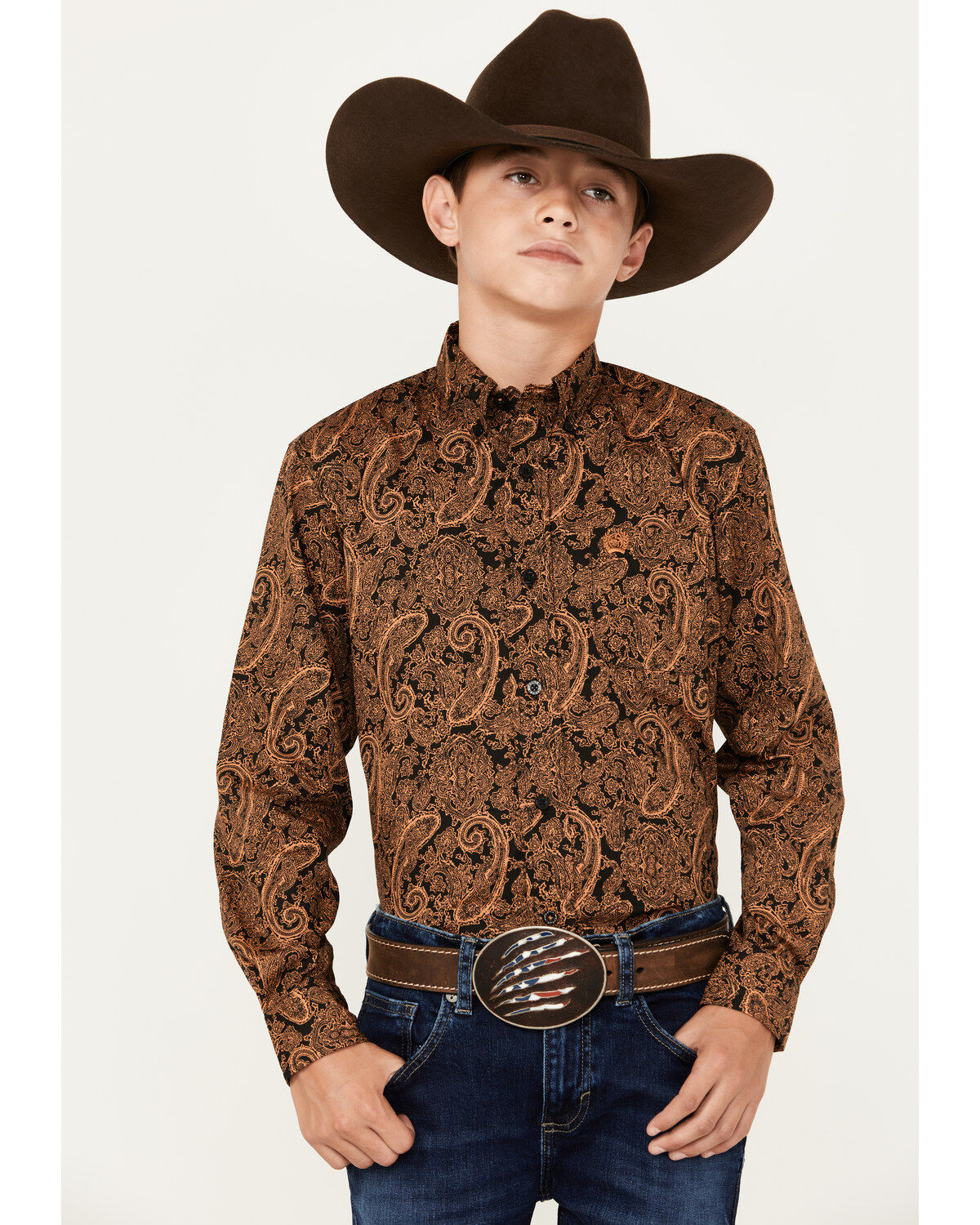 Boys Brn Paisley Cinch LS shirt
