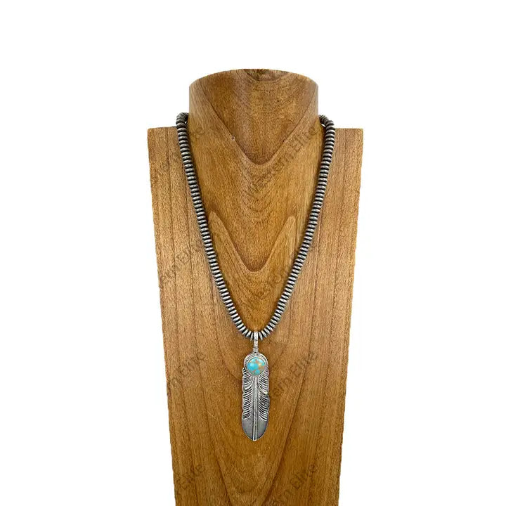 Navajo Pearl Beads with Silver Metal Feather Pendent Necklace