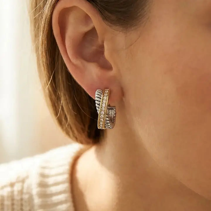 Two Tone Cz Pave Layered Hoop Earrings