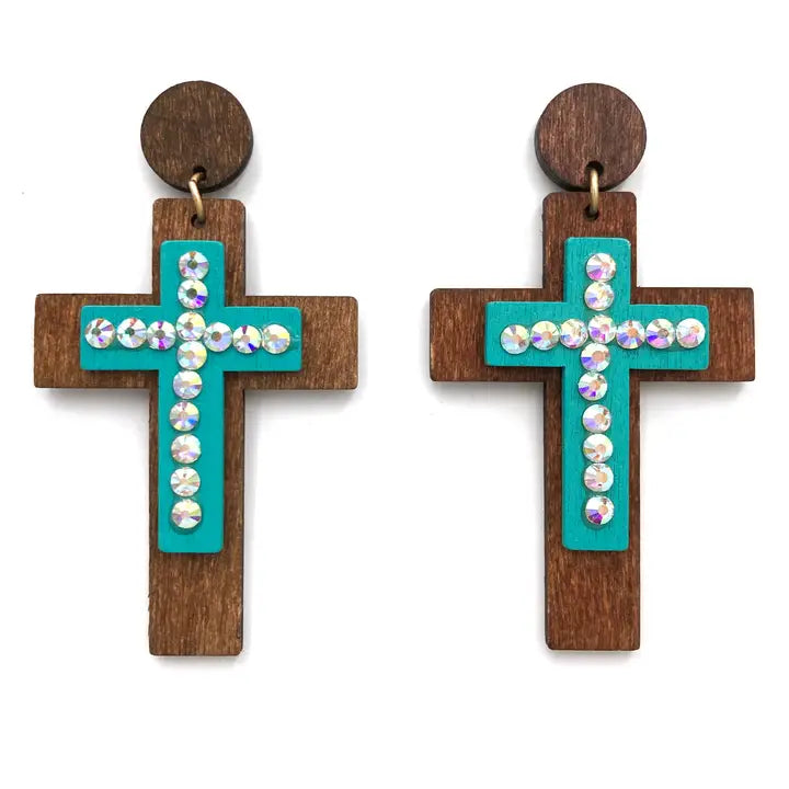 Woodwork Cross Rhinestone Wood Earrings