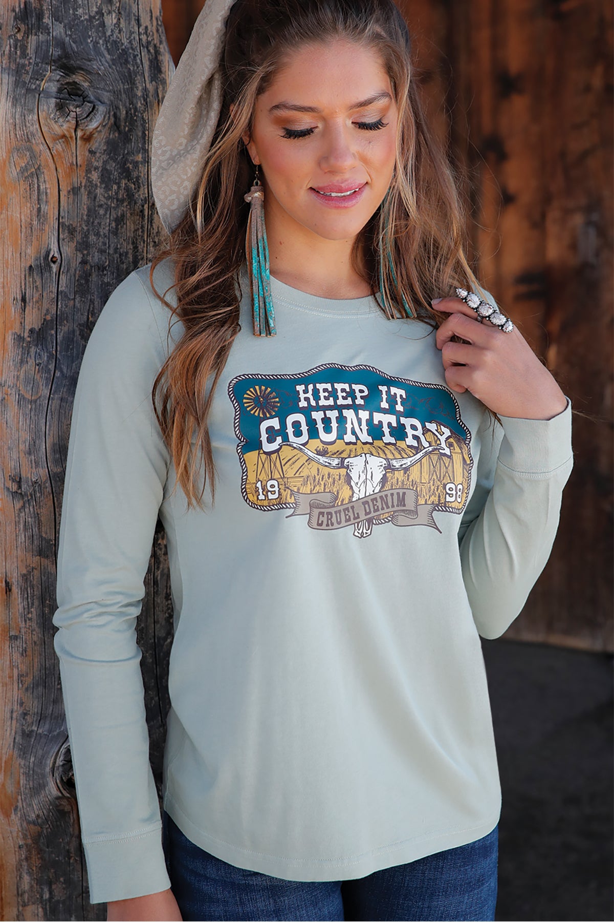 CINCH WOMEN'S LS GREEN TEE
