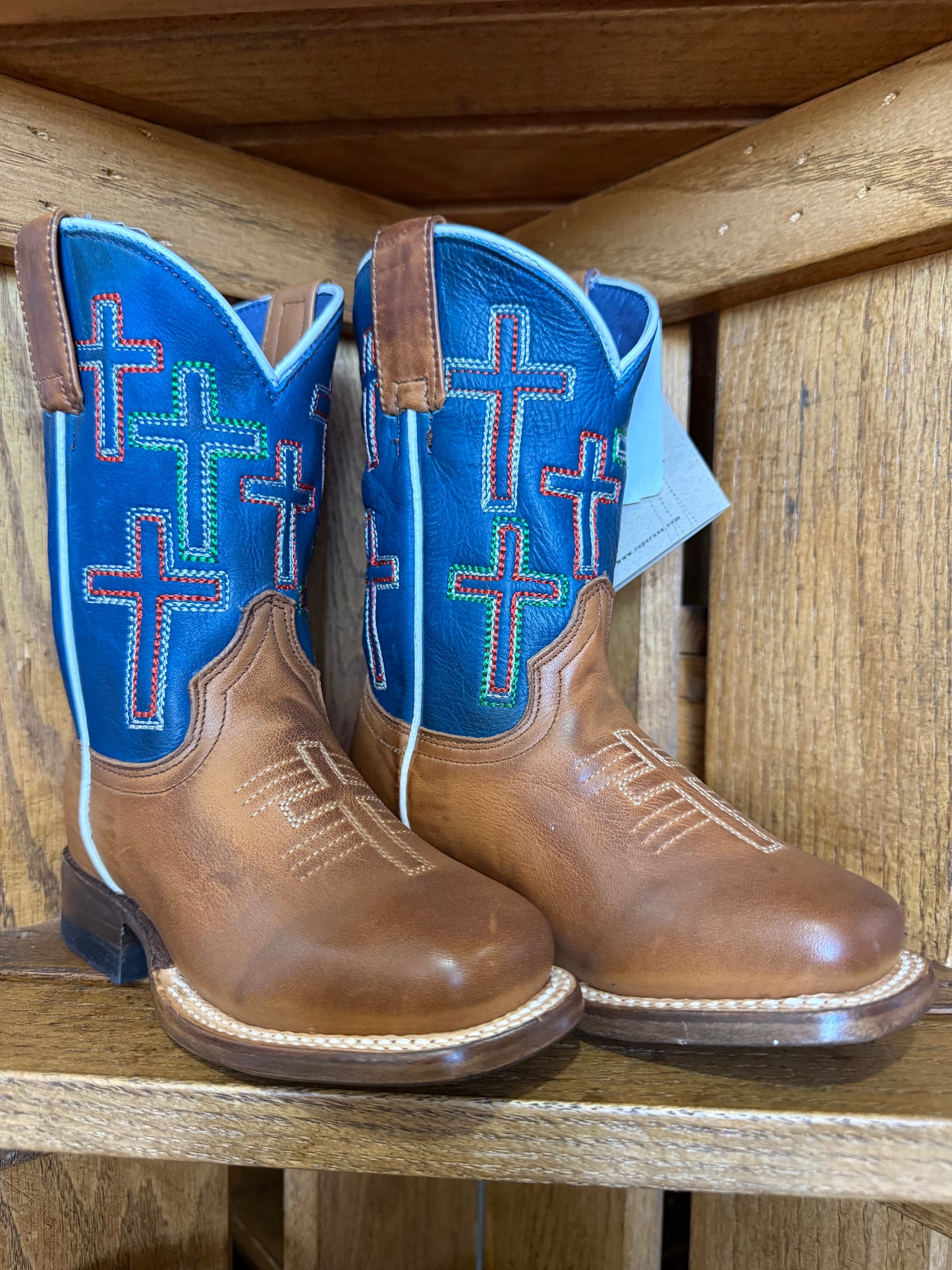 Kids sq toe Burnish Tan with Crosses