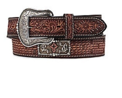 Mens weaved belt with cross concho