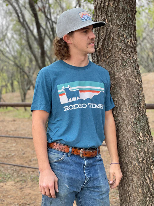 "Rodeo Time Sunset" tee- teal/cream
