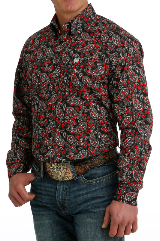 Paisley Button Down- black/red