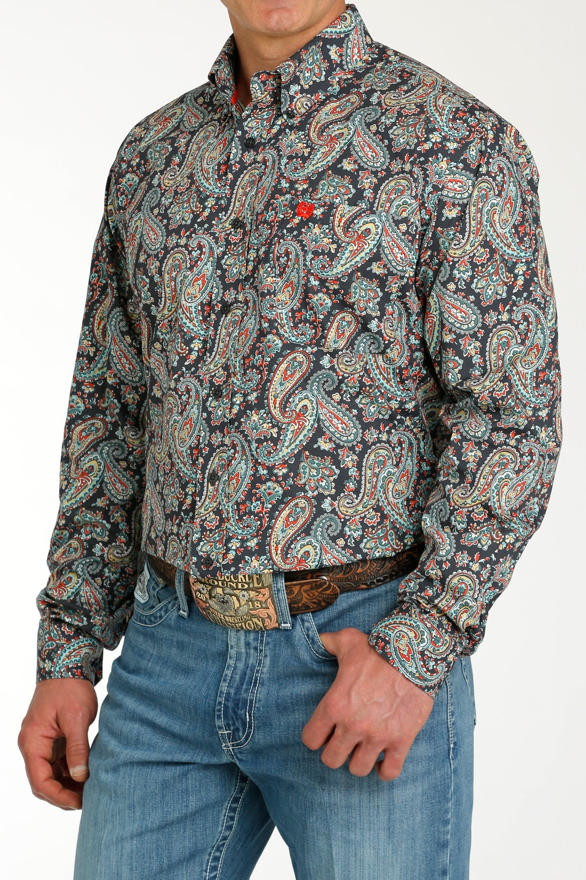 Paisley Button Down- charcoal, red, & turquoise
