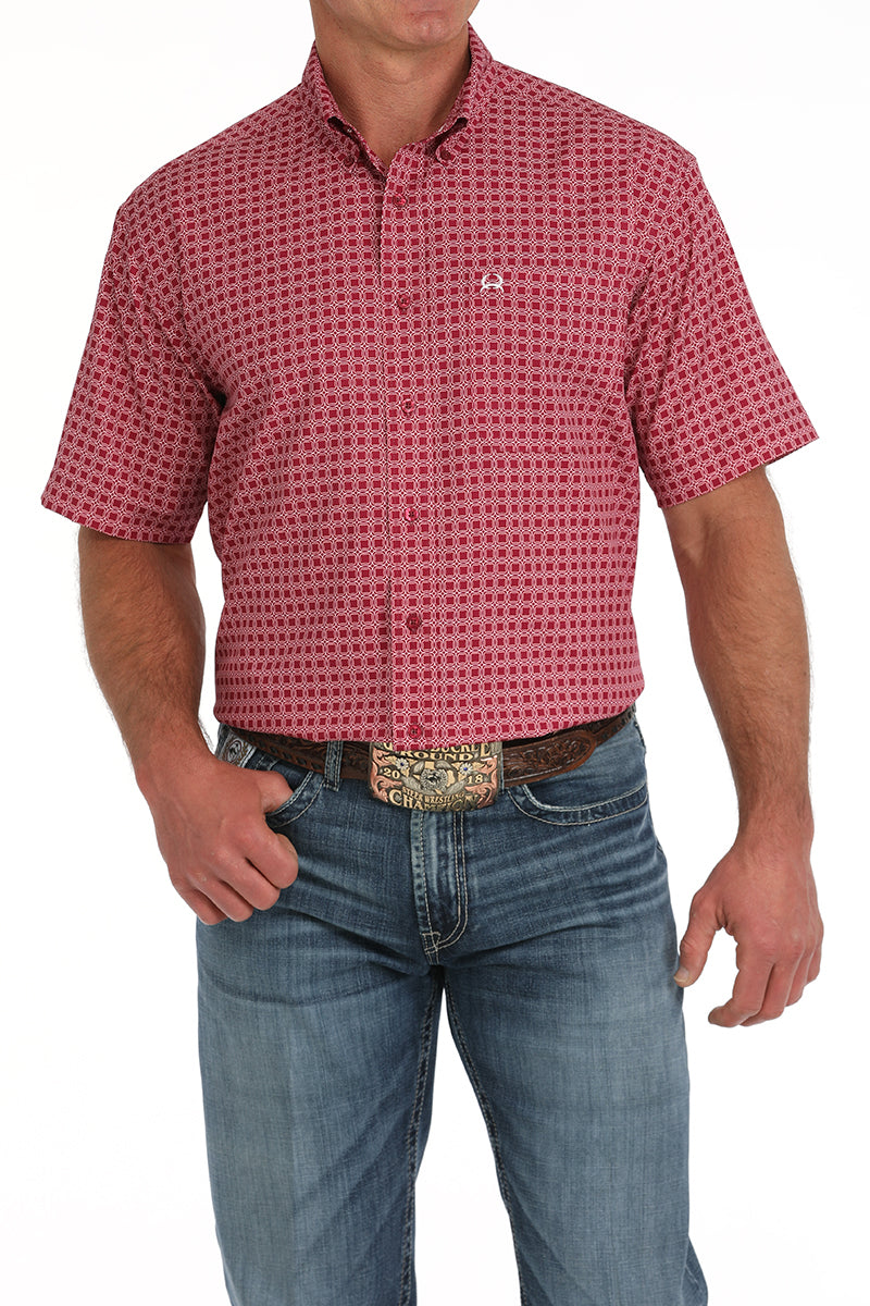 Men's Cinch Red and White Geo-Print Arena Flex SS Shirt