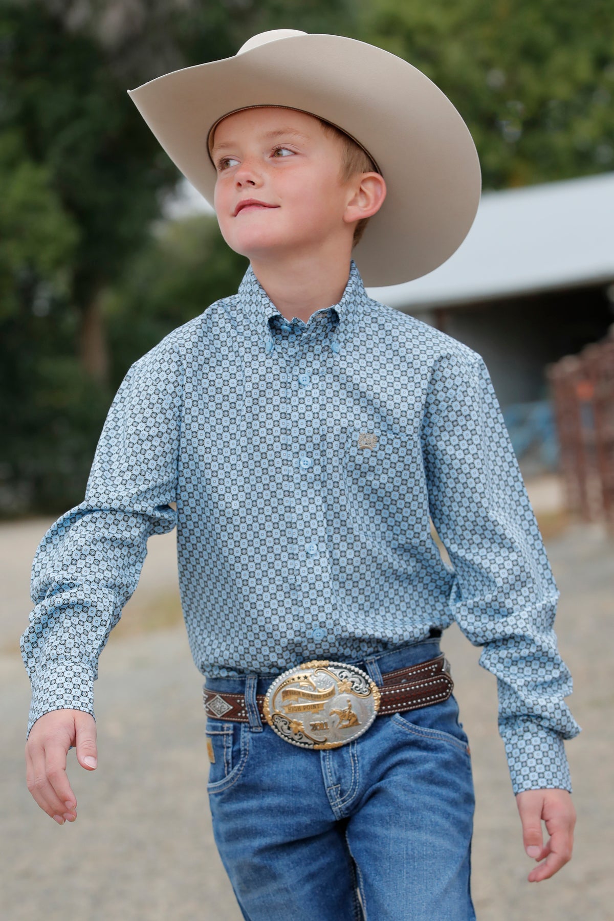 Boy's Geo Print Long Sleeve- light blue