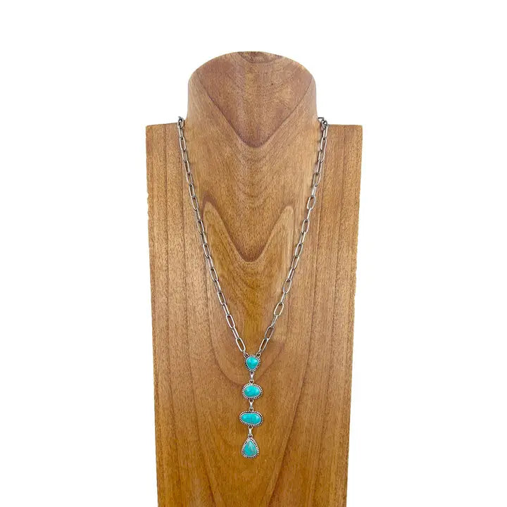 Silver Metal Chain with Four Blue Turquoise Stone Teardrops