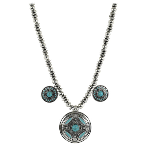 JUSTIN NECKLACE BEADED CHAIN W/SILVER DISC & TURQ
