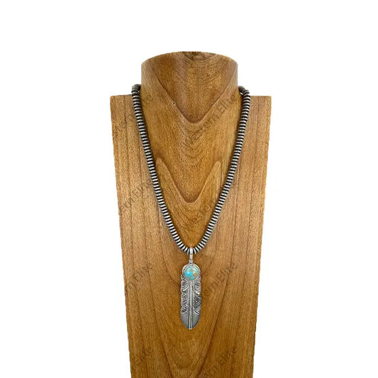 Navajo Pearl Beads with Silver Metal Feather Pendent Necklace