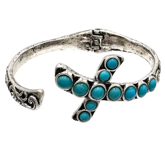 Turquoise Beads Cross Hinge Bangle