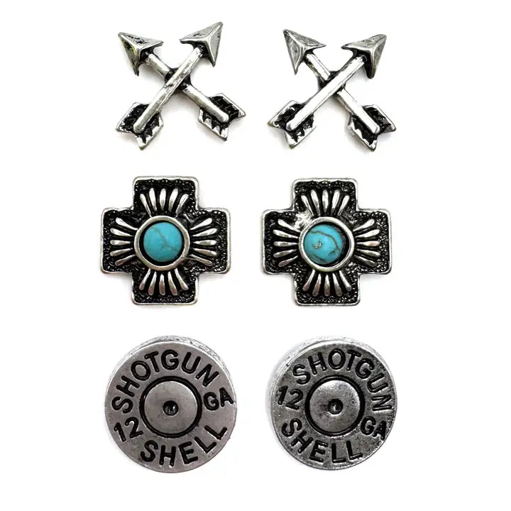 Arrow Cross Bullet Three Stud Earrings