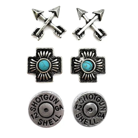 Arrow Cross Bullet Three Stud Earrings