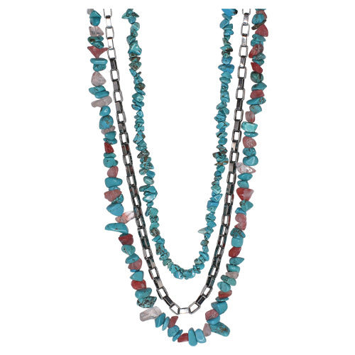 JUSTIN NECKLACE, 3 STRAND WITH ROLO AND PINK AND TURQ COLORED STONES
