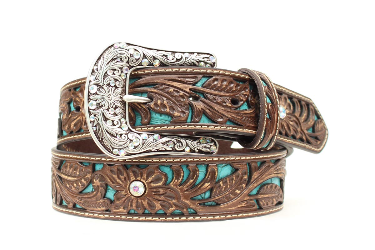 Tooled Floral with Turquoise Inlay Belt