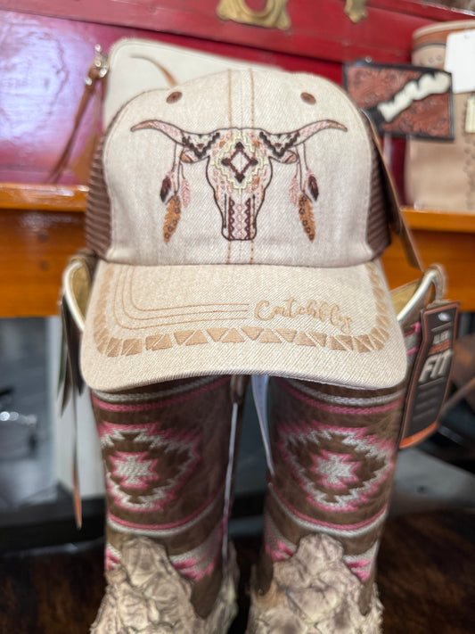 Ladies Cap steer Skull w/feathers