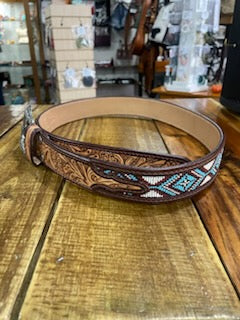 Tooled Beaded Full-Grain Leather Men's Belt