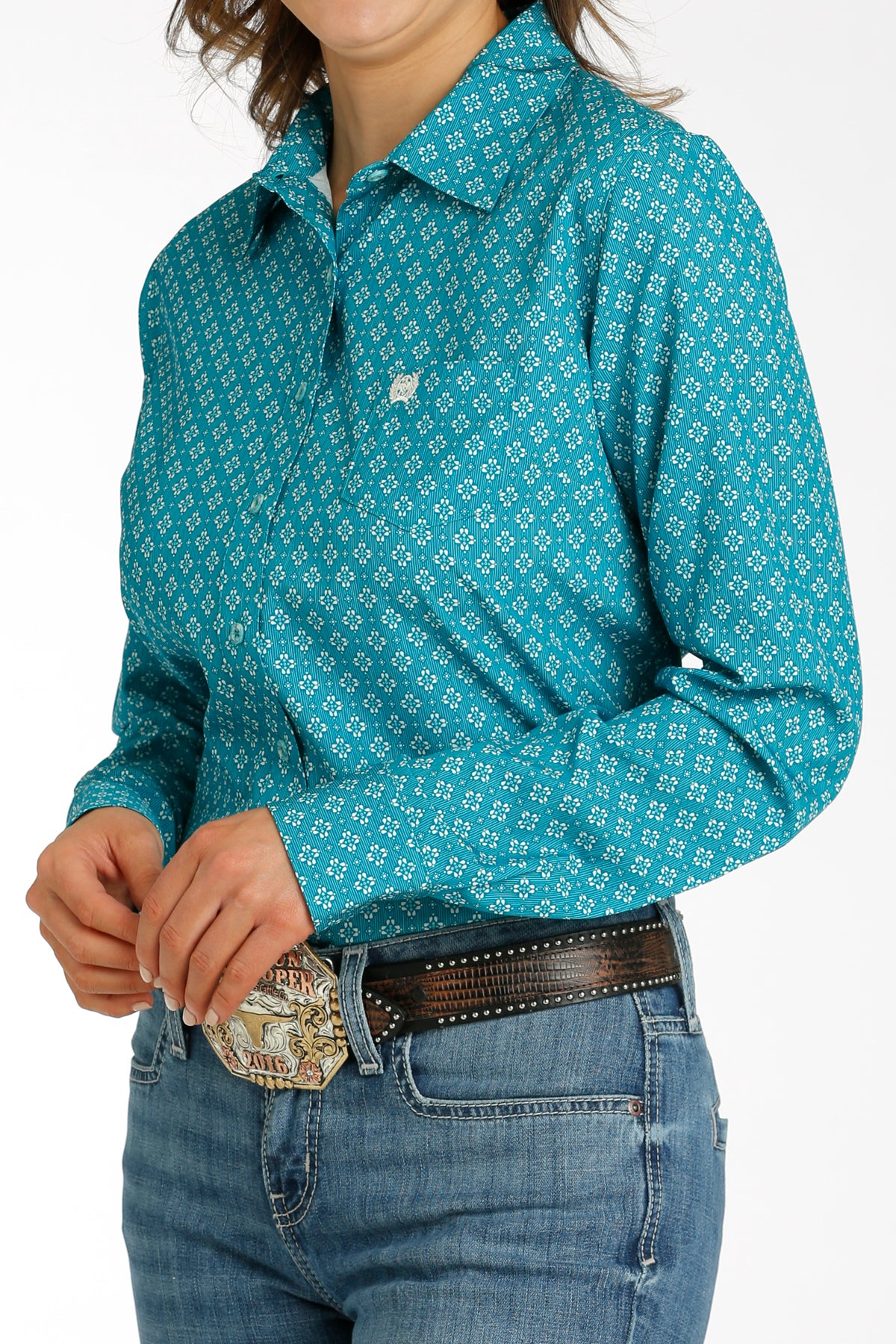 Women's Floral Geo Print Long Sleeve- teal