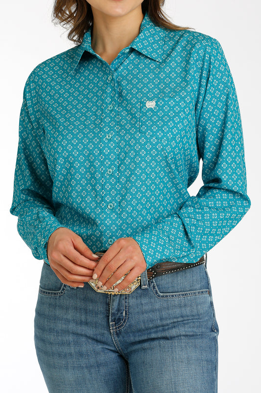 Women's Floral Geo Print Long Sleeve- teal