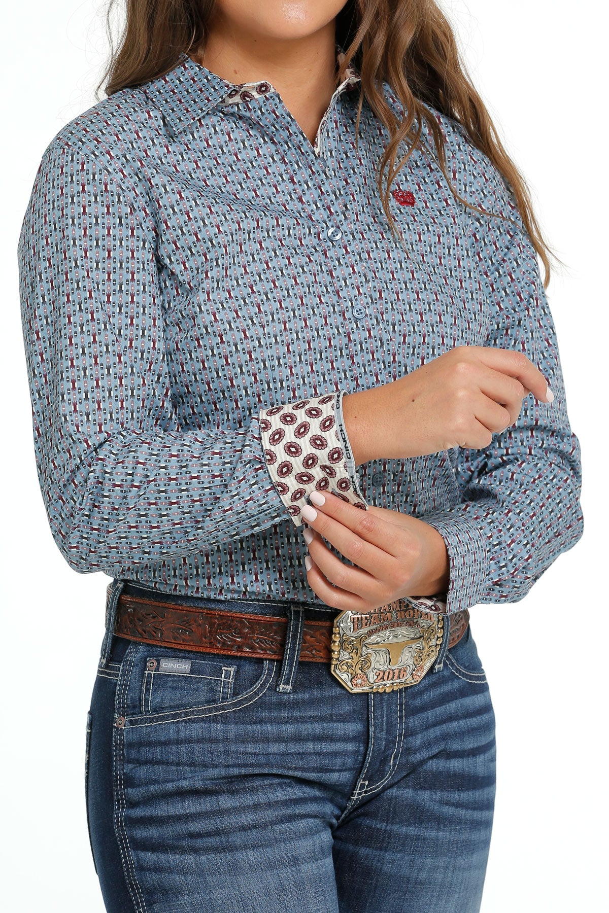 Women's Geo Print Long Sleeve- dusty blue