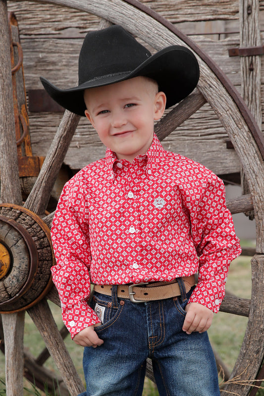 Boy's Geo Print Long Sleeve- red