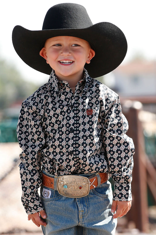 Boy's Geo Print Long Sleeve- black