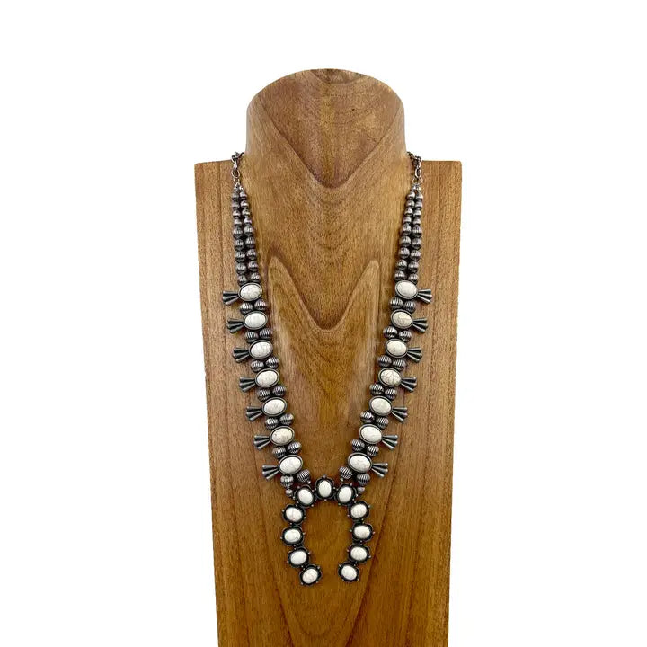 Silver with White Stone Squash Blossom Necklace