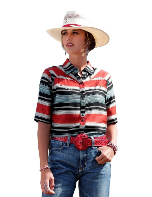 Womens Short Sleeve Striped Snaps