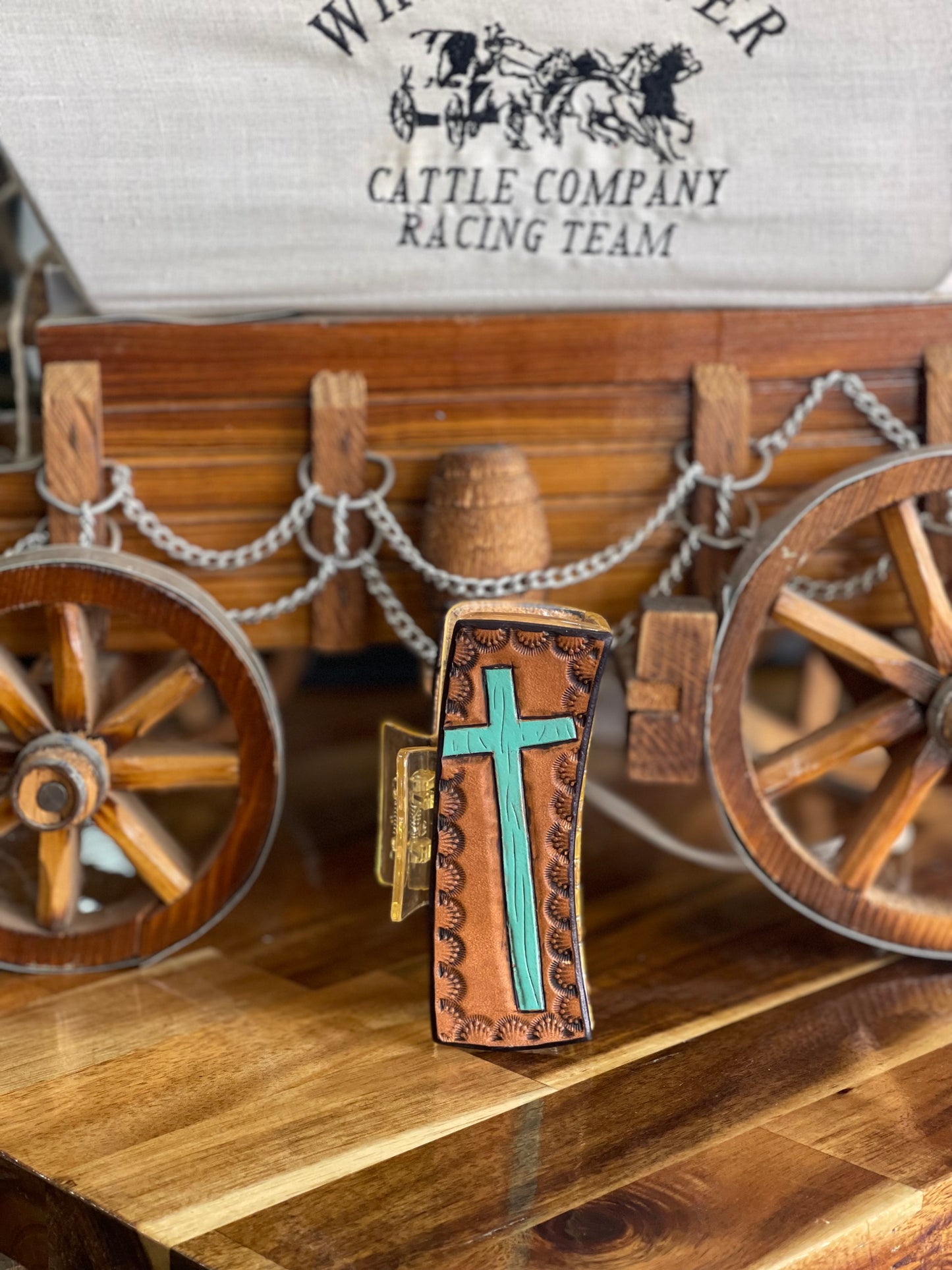 Tooled leather hair clip- cross